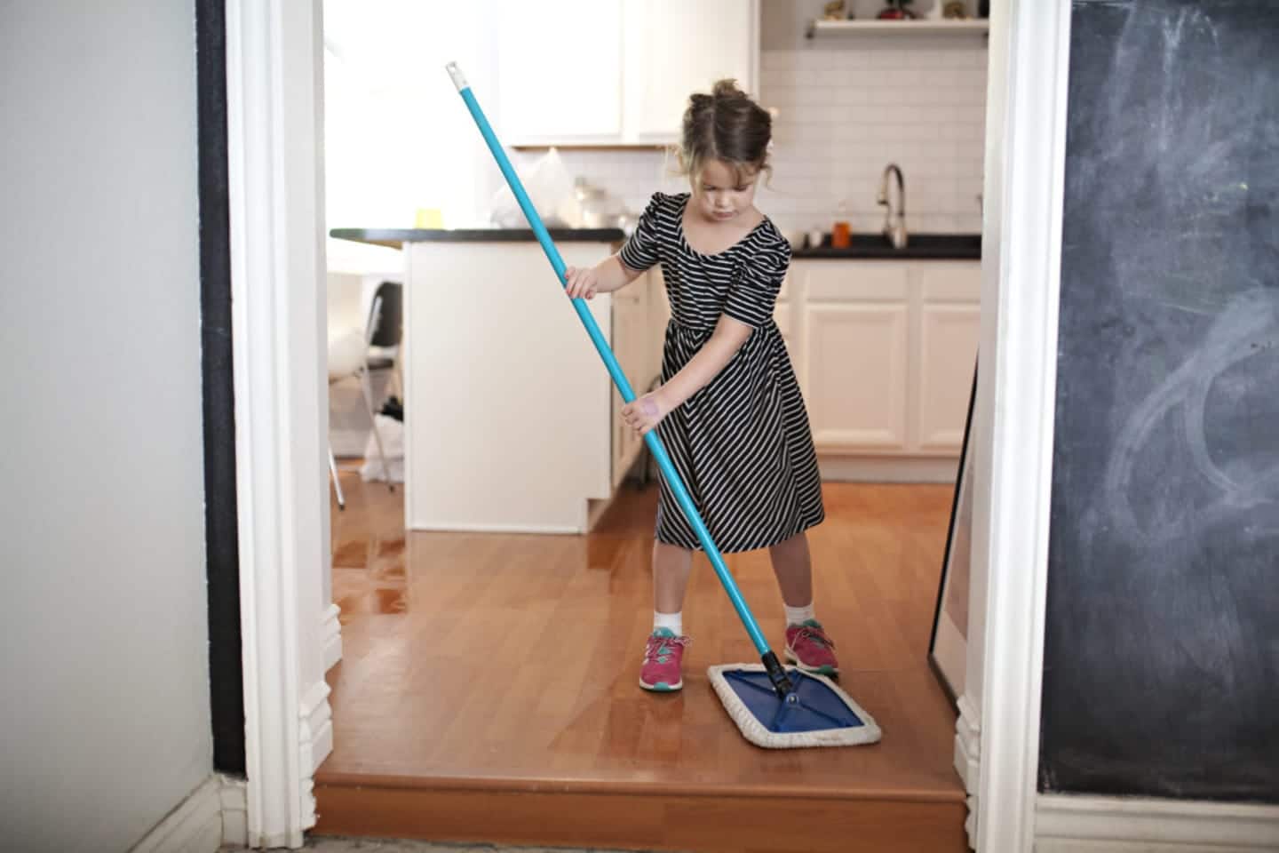 To get your toddler to do chores try the ‘Maya Method’ toddler using the mop