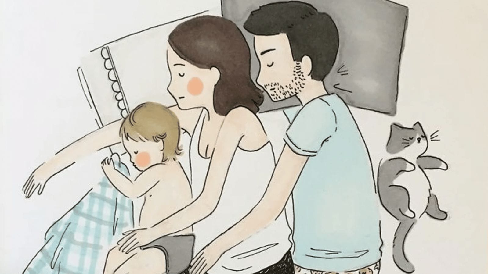 This mom’s drawings show a real glimpse into the life of a SAHM mom sleeping between her husband and toddler