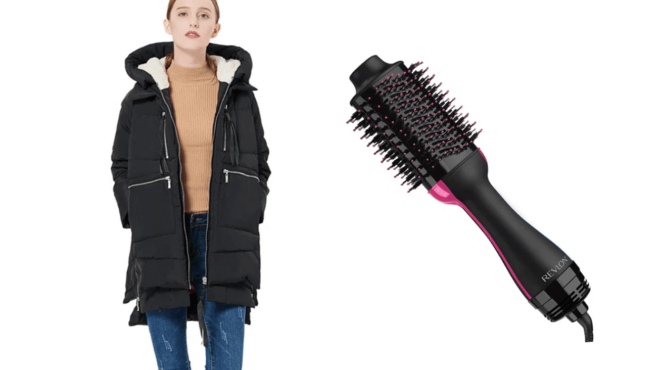 If you *only* buy two items on Amazon today, make it these 👏 collage of woman wearing The Coat and revlon hair styler