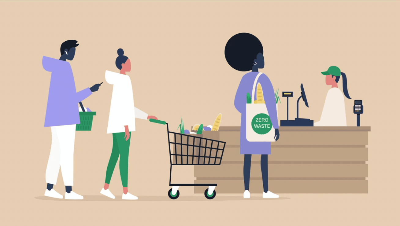 Grocery store costs rose last year–here’s how to plan for your next trip illustration of people checking out at a grocery store