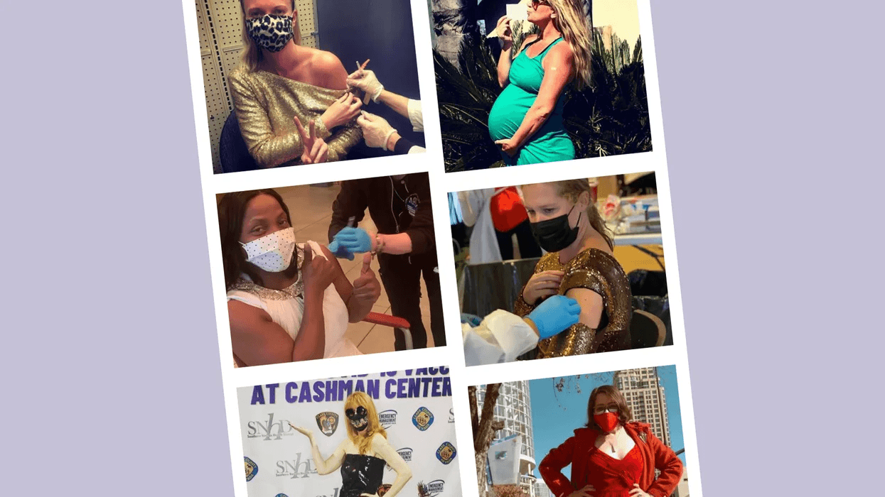 Amy Schumer’s inspiring people to wear their fanciest gowns to get their COVID-19 vaccines collage of people wearing gowns to get their COVID-19 vaccines
