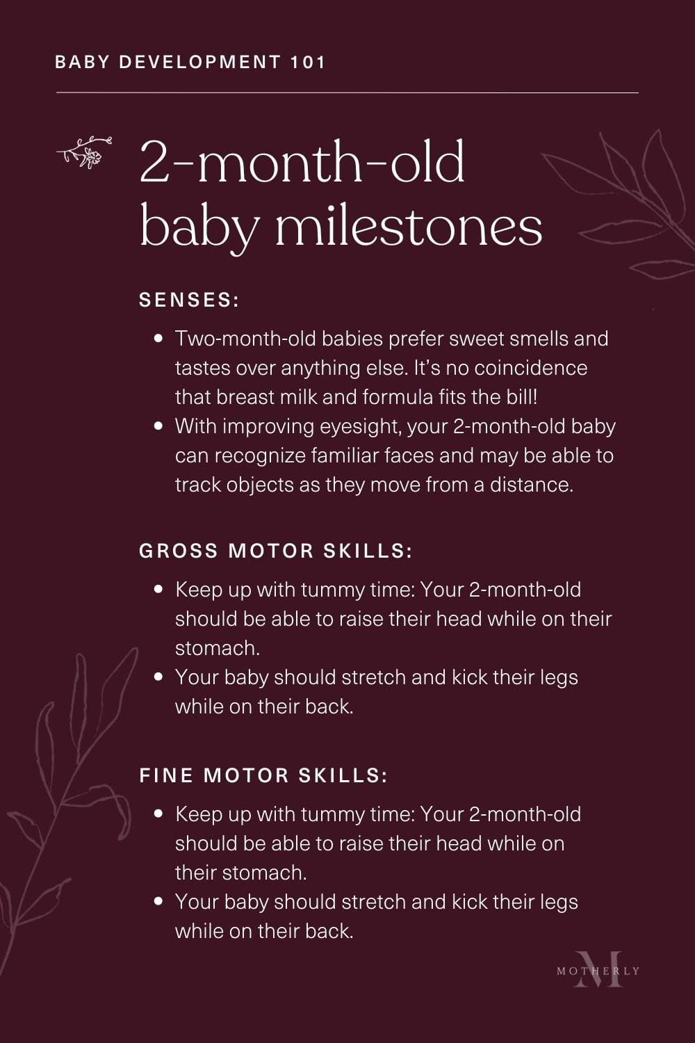 printable summary of 2-month-old baby milestones - sensory and motor development