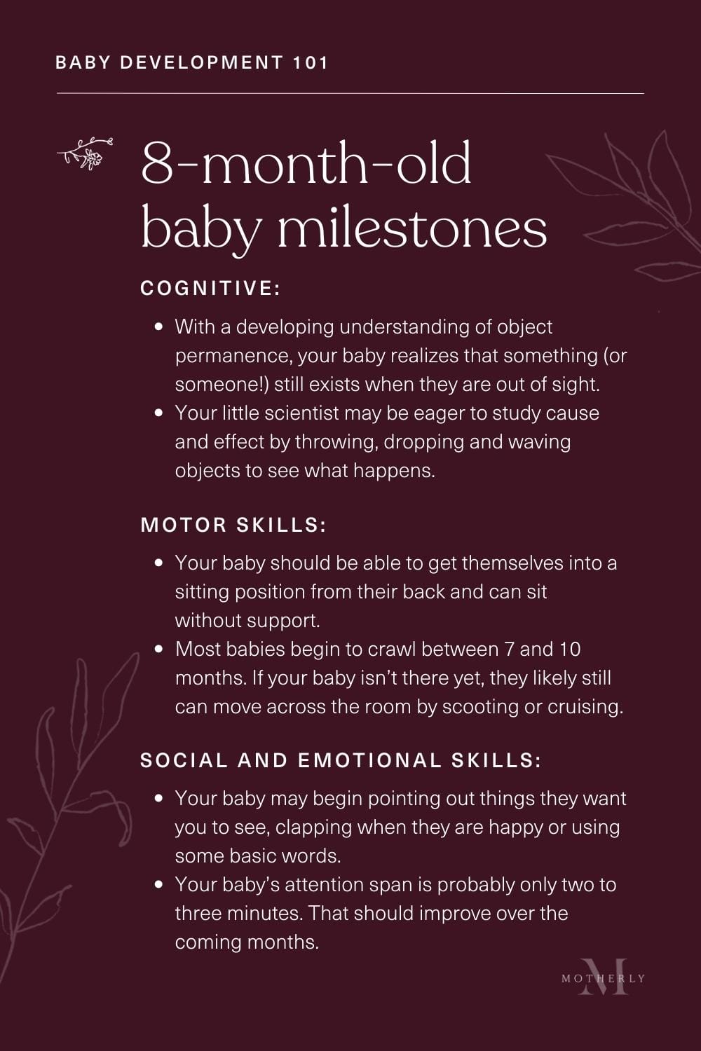 summary of 8-month-old baby milestones - sensory and motor development