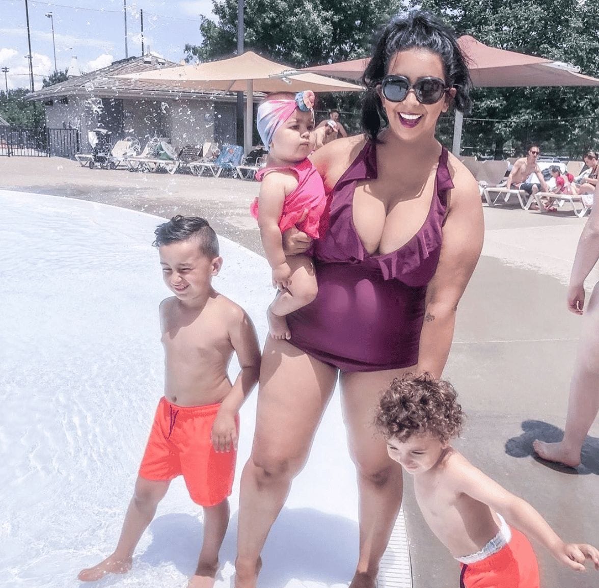 This mama’s honest story about her postpartum body is going viral mom at a pool with her 3 kids