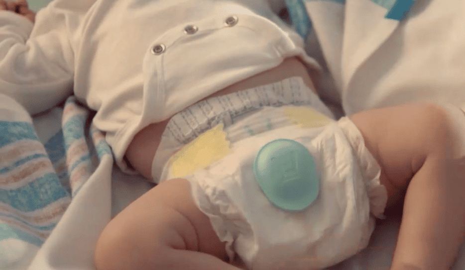 These ‘smart diapers’ from Pampers will tell you when the baby needs to be changed baby wearing a smart diaper