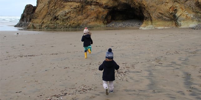 Portland with Kids two kids running on the Portland coast