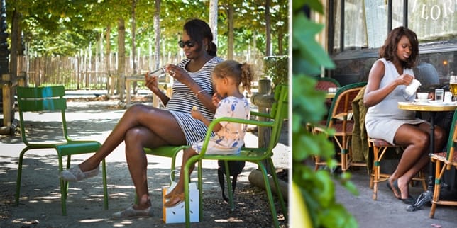 Pregnant in Paris pregnant african american woman and child on bench in Paris