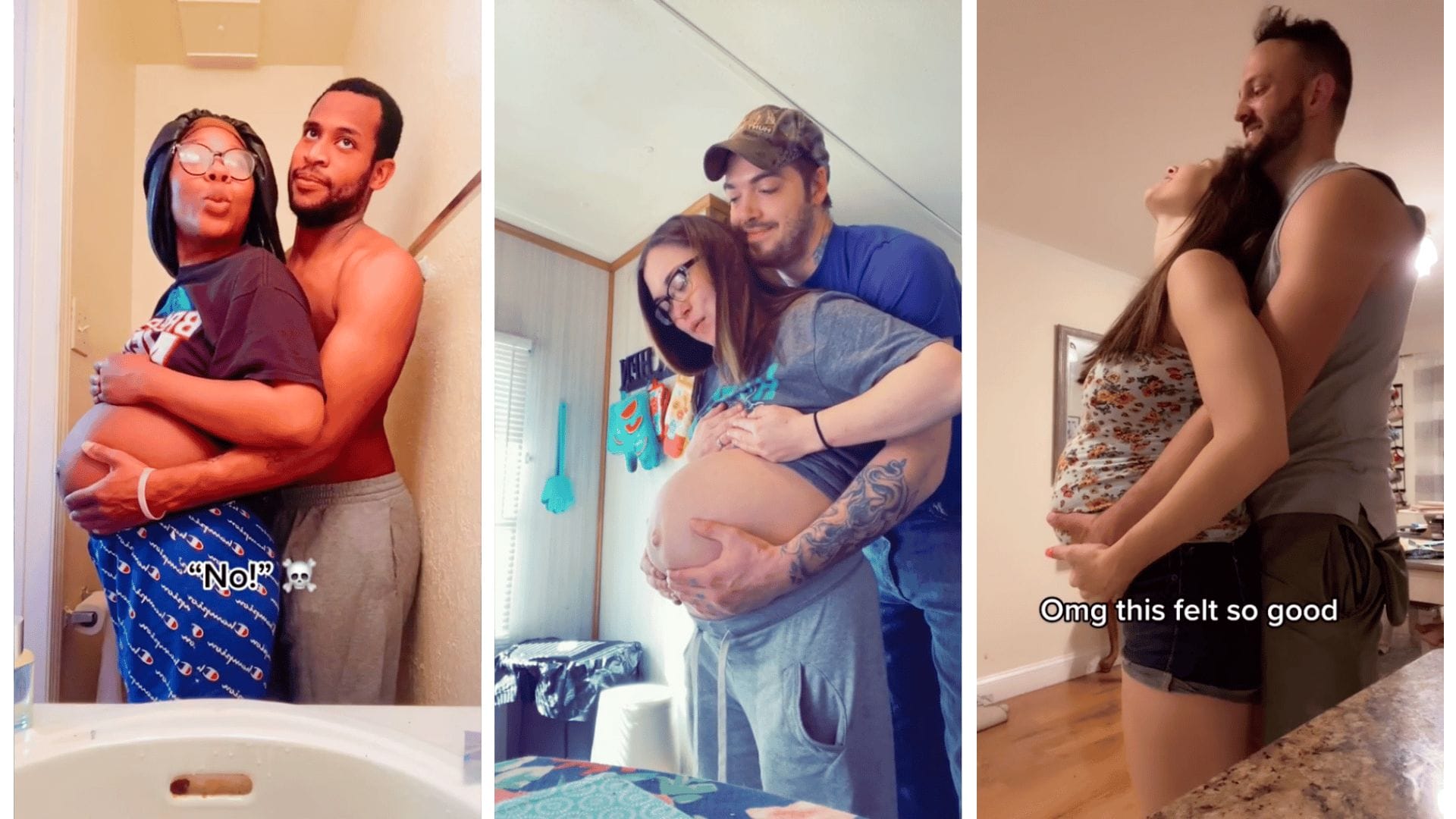 Watch this genius comfort hack that relieves painful pressure for pregnant women collage of men lifting their pregnant partner's belly