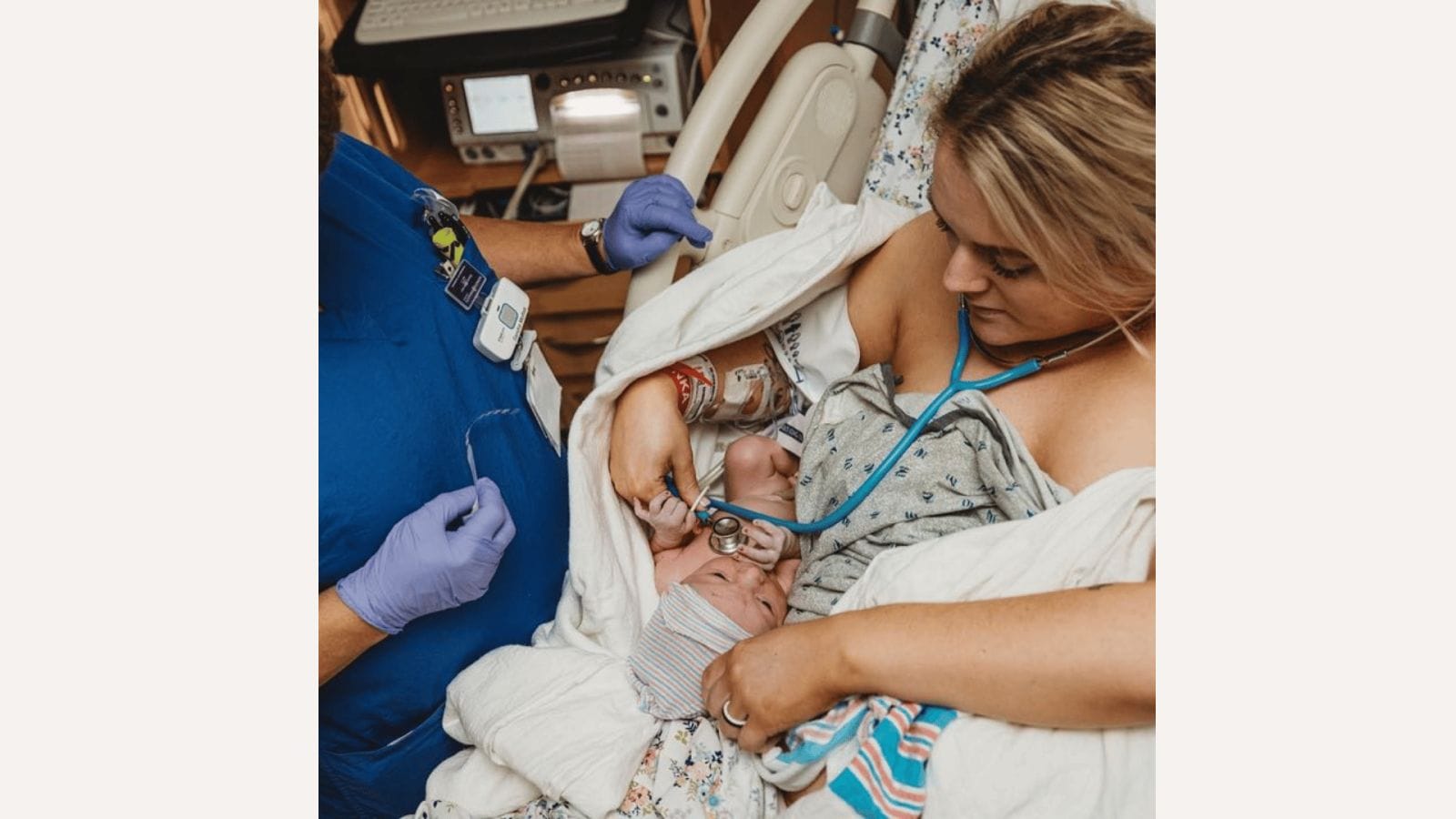 Nurse performs her own baby’s checkup immediately after giving birth