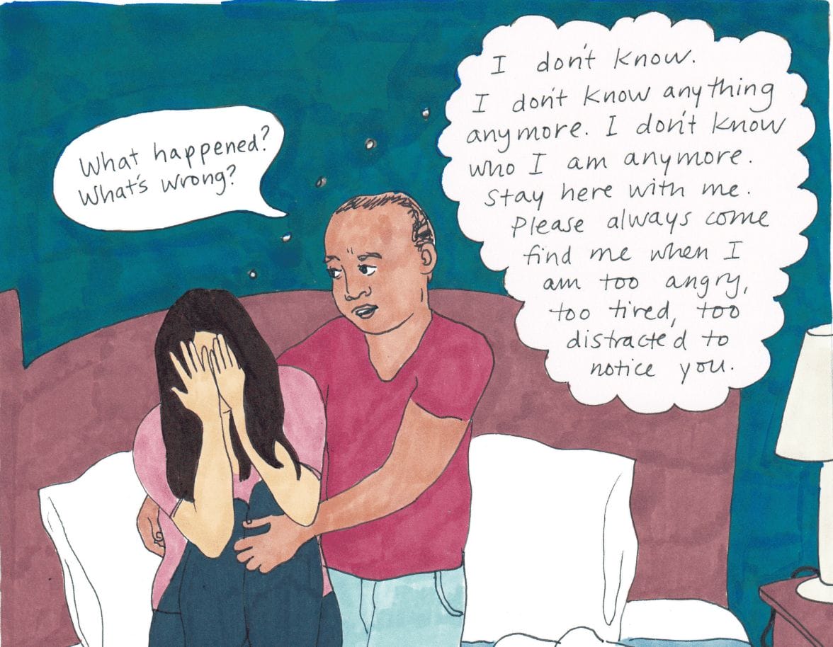 This comic shows the reality of what postpartum relationships can look like comic strip of a new mom and new dad