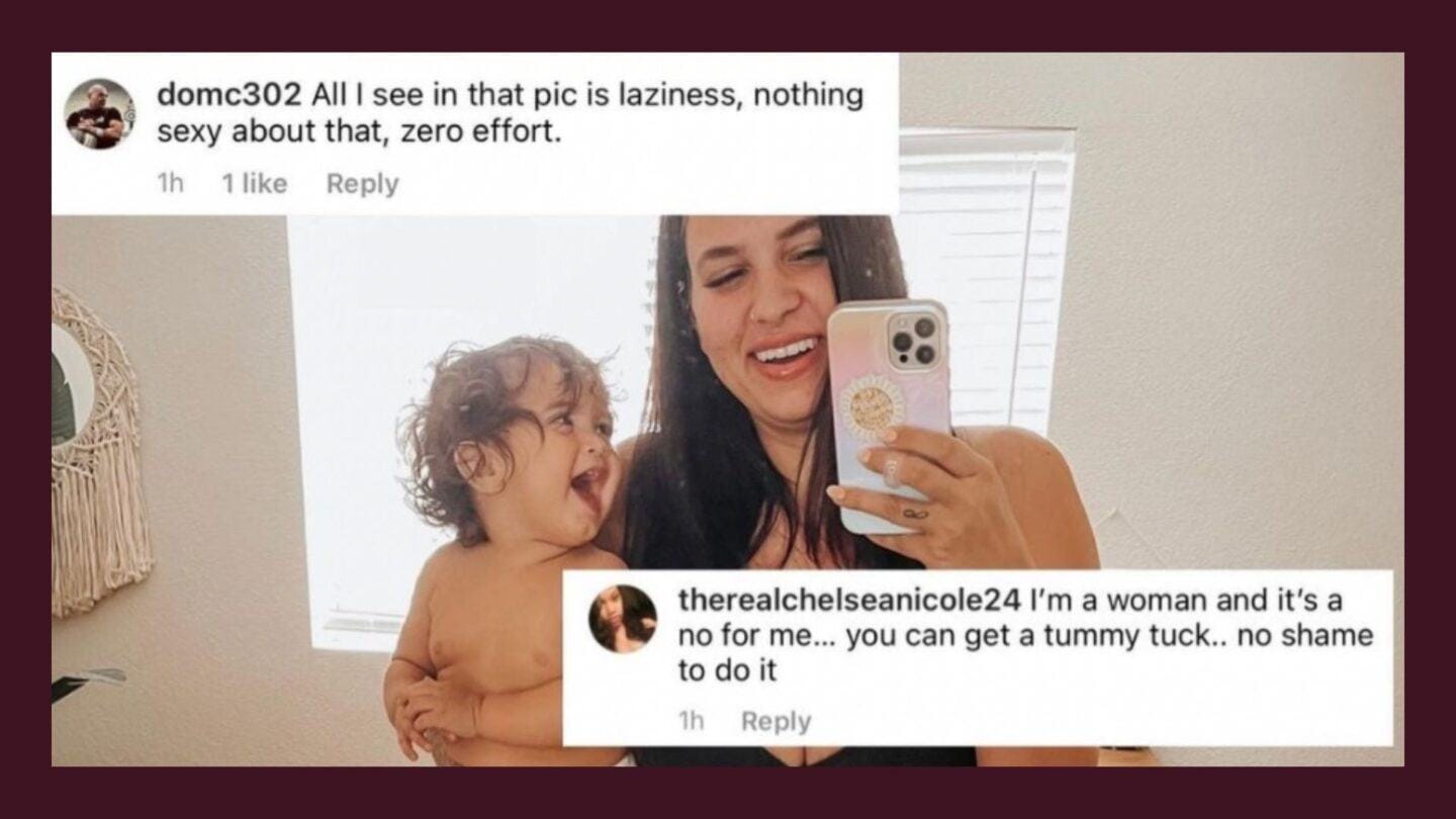 This mom is calling out all the body-shamers who told her to ‘get a tummy tuck’ Bethanie Garcia holding her baby while wearing a bra and underwear