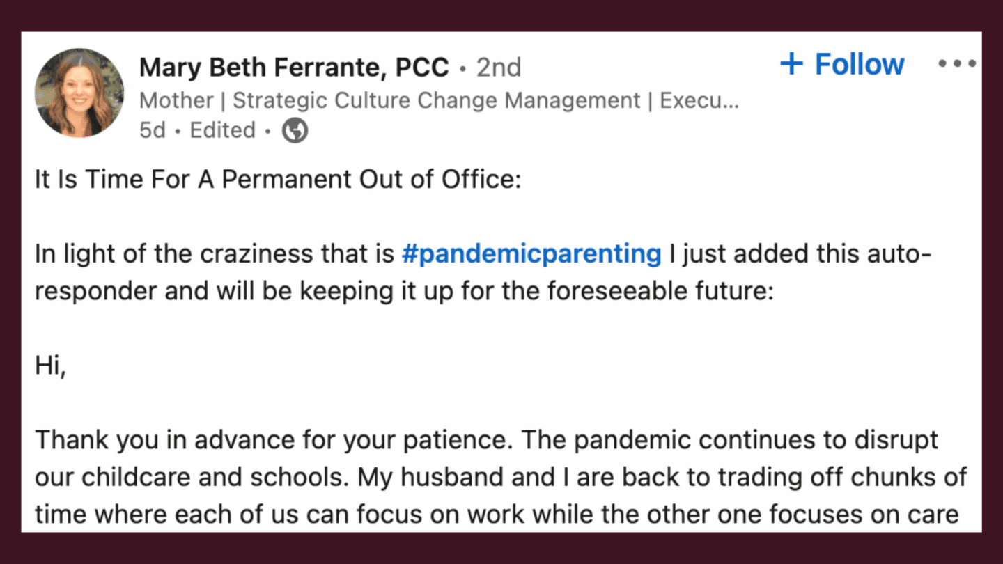 Working mom’s ‘Out of Office’ message goes viral on LinkedIn Screenshot of manager's viral post on LinkedIn