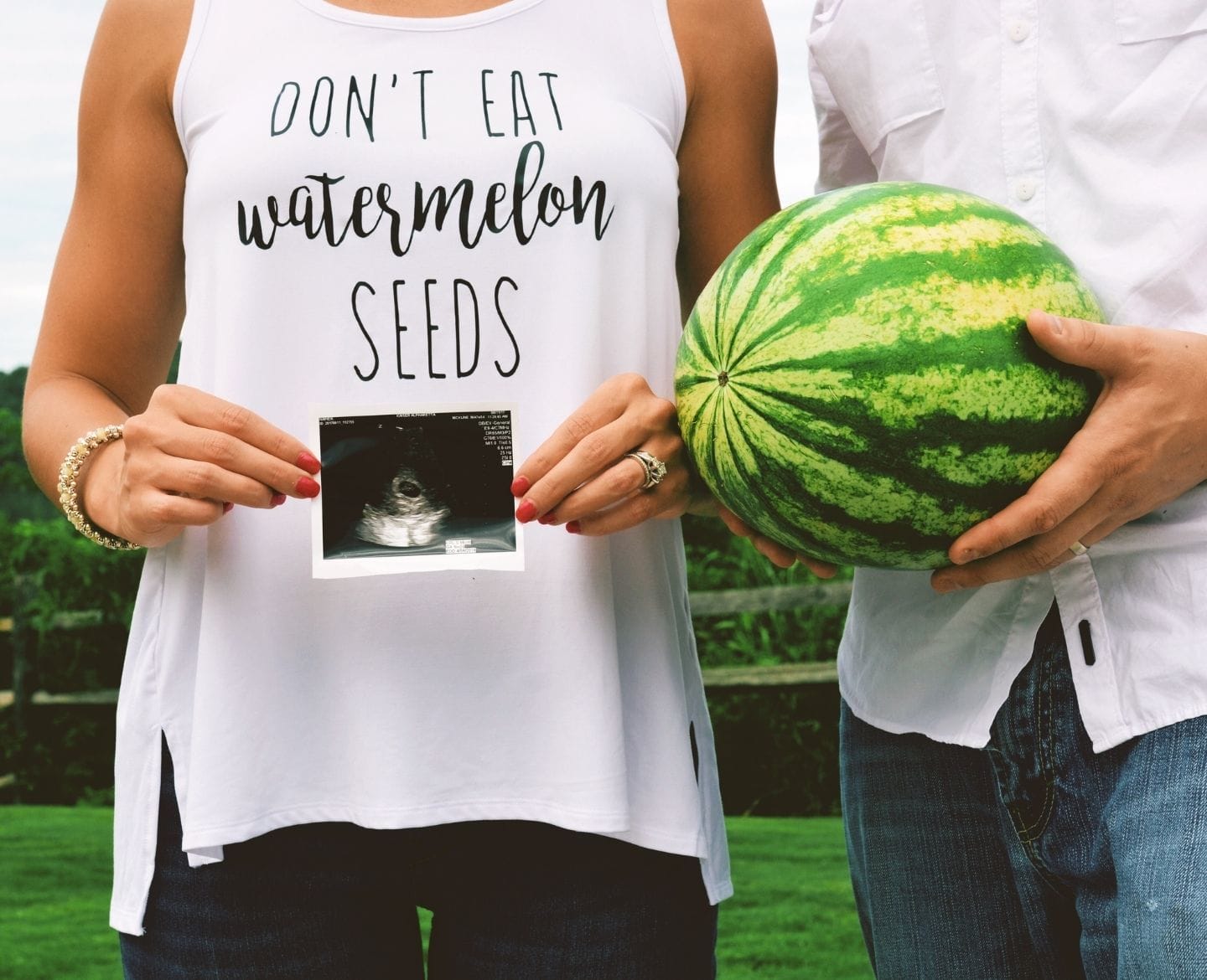 9 funny pregnancy announcement ideas that’ll make you LOL woman holding ultrasound and man holding watermelon for a pregnancy announcement