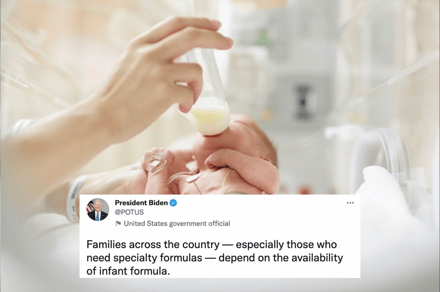 The White House announces new steps to address the U.S. formula shortage crisis Formula shortage tweet overlay on newborn baby drinking bottle