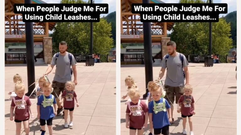 Dad gets dad-shamed for walking his 5-year-old quintuplets with a leash Dad walking toddler quintuplets on child leashes