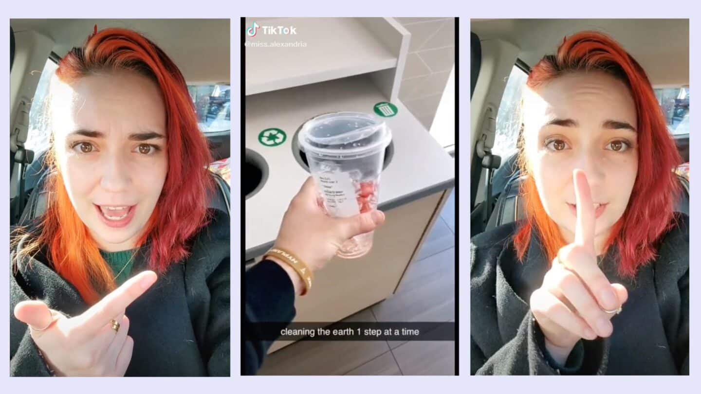 What is ‘Wishcycling?’ TikToker warns against habit that ruins your recyclables tiktok woman talking wishcycling and cup