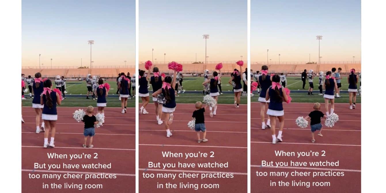 2-year-old boy steals the spotlight at big sister’s cheerleading squad in viral TikTok Toddler cheerleader in viral TikTok