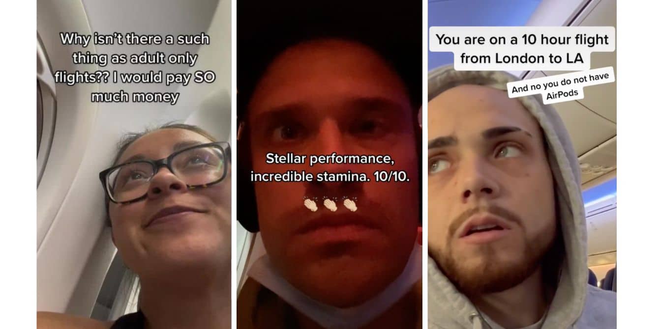 TikTok videos asking for kid-free flights don’t help anyone Collage of TikTok videos re: crying babies on airplanes