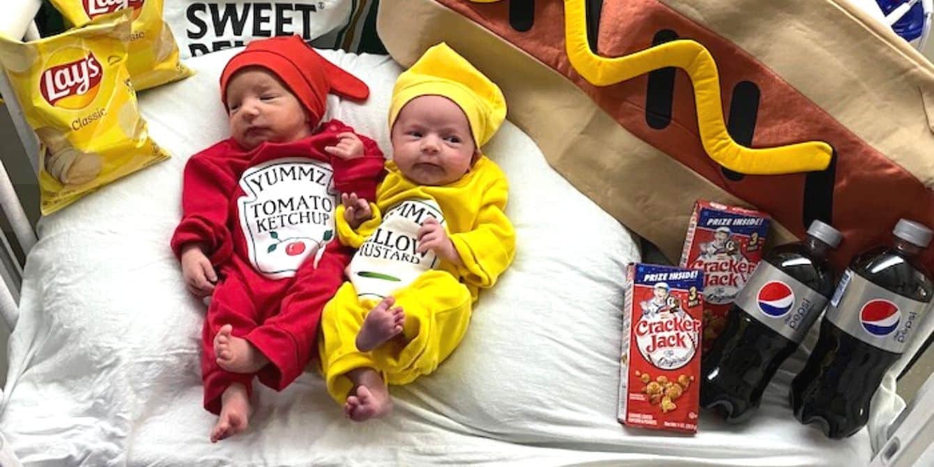 NICU families find a reason to celebrate by dressing up their babies for Halloween NICU babies dressed up as ketchup and mustard for Halloween