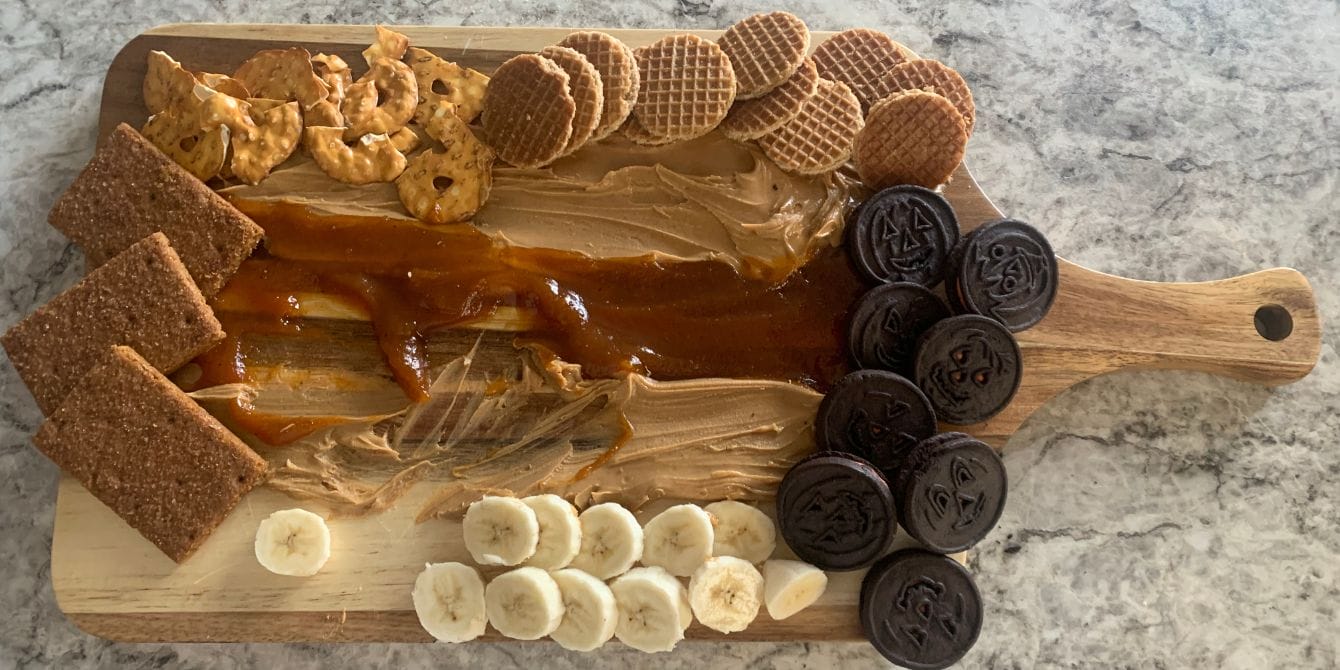 I wanted to make a toddler-friendly butter board–so I made a peanut butter board half-eaten peanut butter board