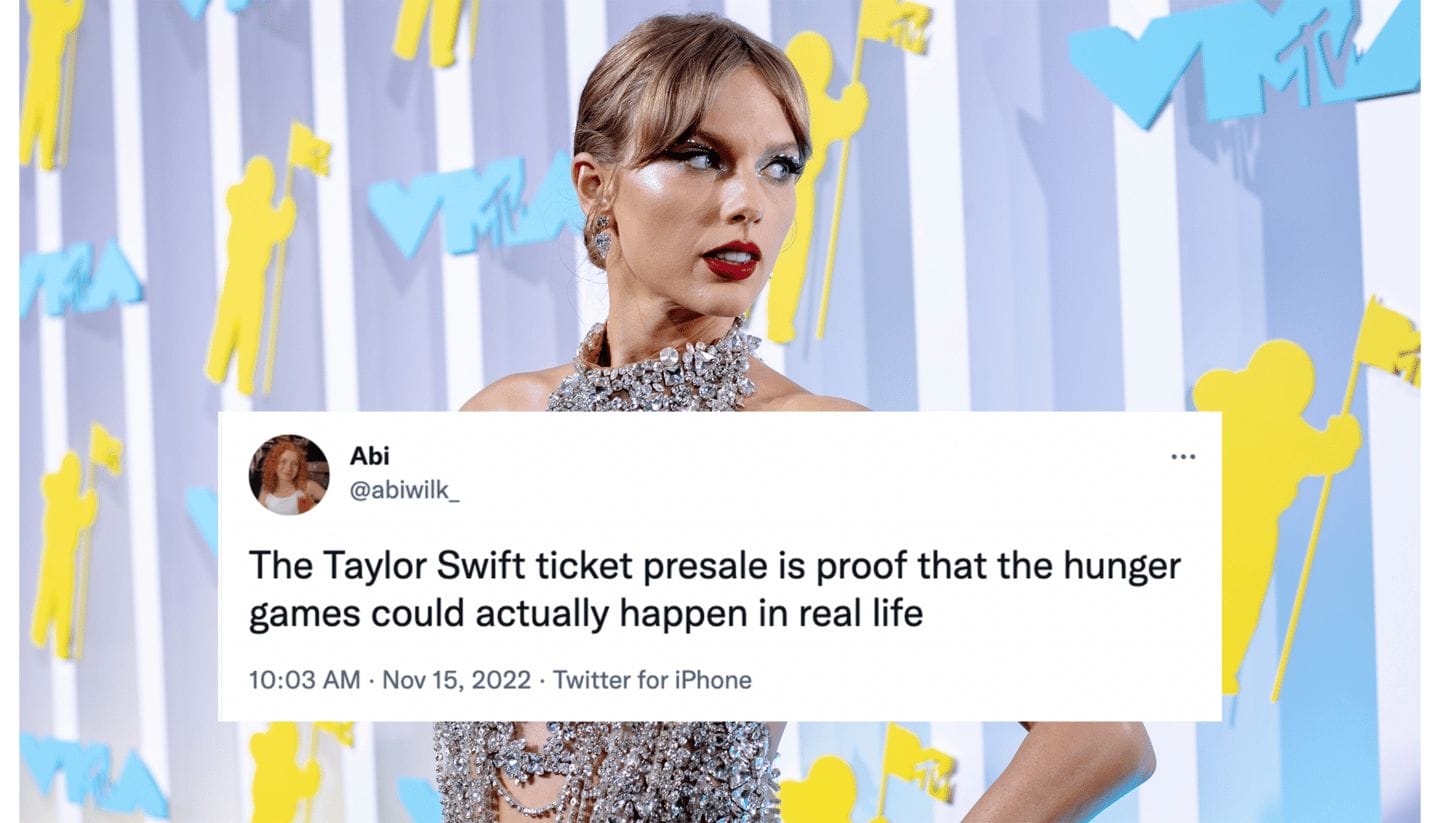 Godspeed to everyone navigating the nightmare of buying Taylor Swift tickets right now Taylor Swift on the red carpet with a tweet inlay
