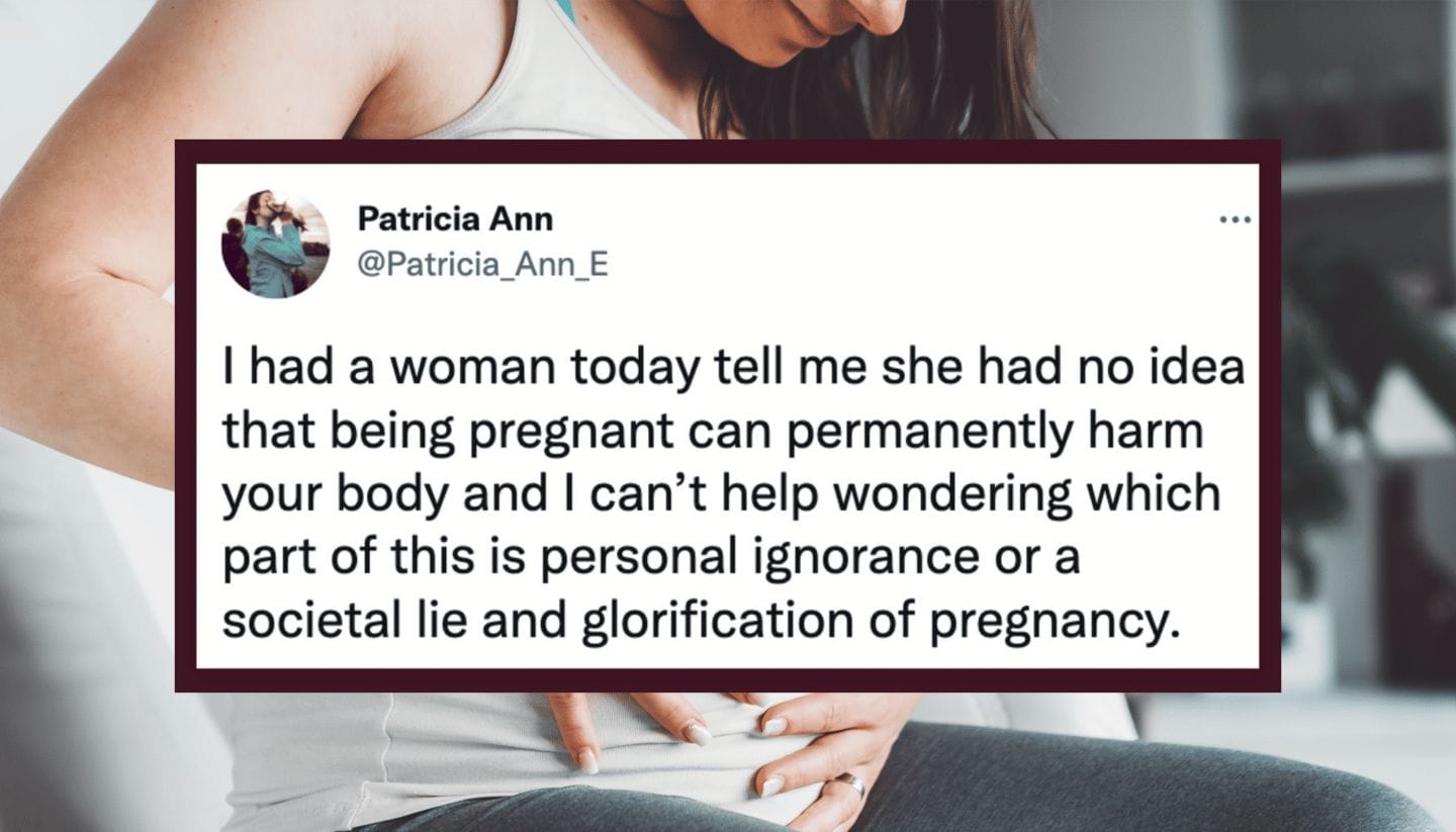 People shared all the ways their bodies suffered from pregnancy—and we’re still thinking about it Viral tweet layed over a photo of a pregnant woman