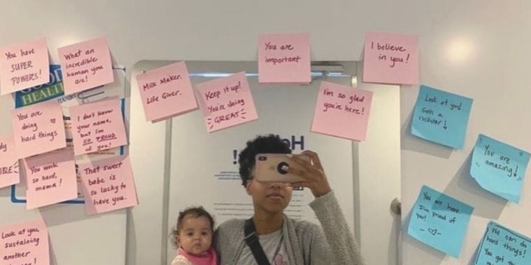 Moms leave encouraging notes for each other in these breastfeeding pods—and it’s everything Mom with baby in lactation pod