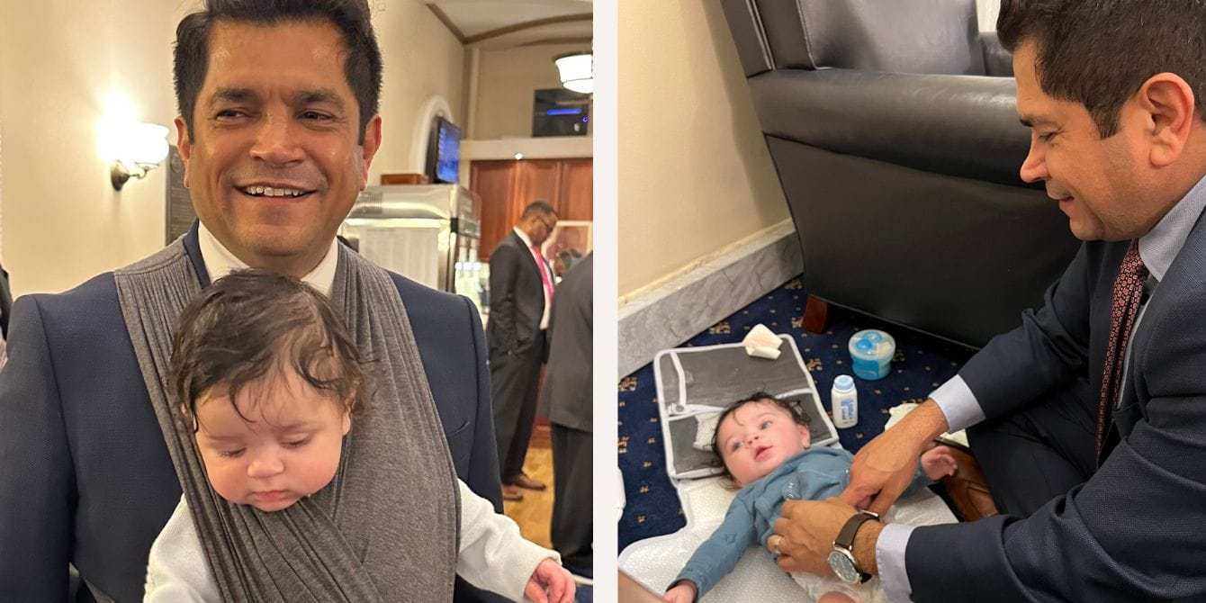 Congressman goes viral for baby-wearing on Capitol Hill: ‘Guys need to do our part’ Congressman Jimmy Gomez wearing infant son
