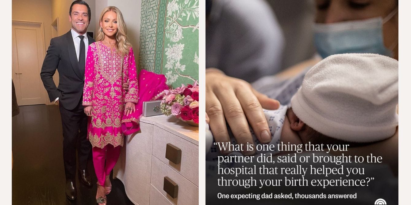 Kelly Ripa puts Mark Consuelos on blast for his childbirth commentary photo collage from instagram with kelly ripa and birth stories graphic- kelly ripa calls out mark consuelos