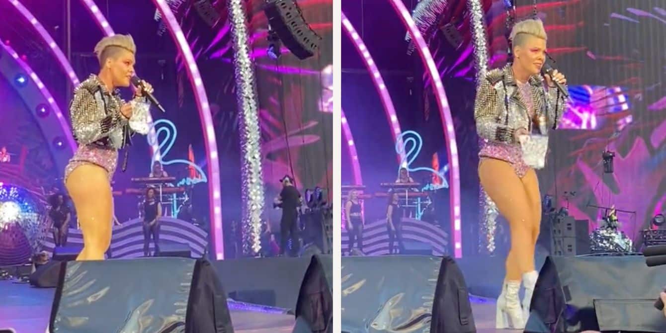 Someone tossed a bag of their mother’s remains on stage during Pink’s concert Pink holds up a bag of ashes during her concert