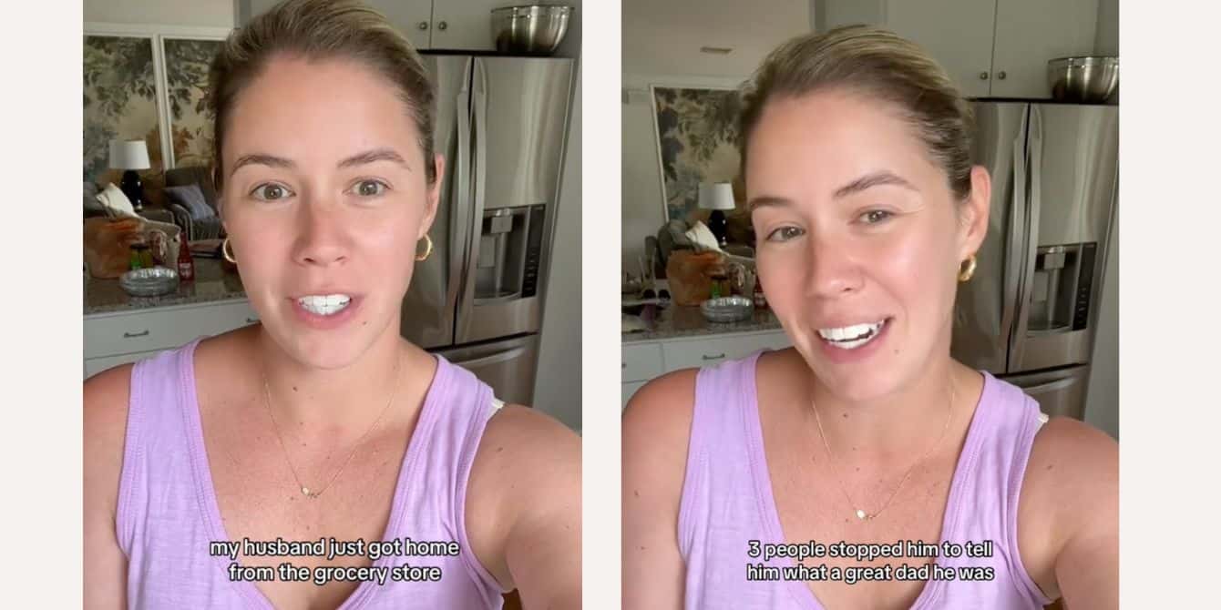 TikTok mom calls out annoying double standard of dads getting praise when out with kids in public Mom talking about grocery store in viral TikTok