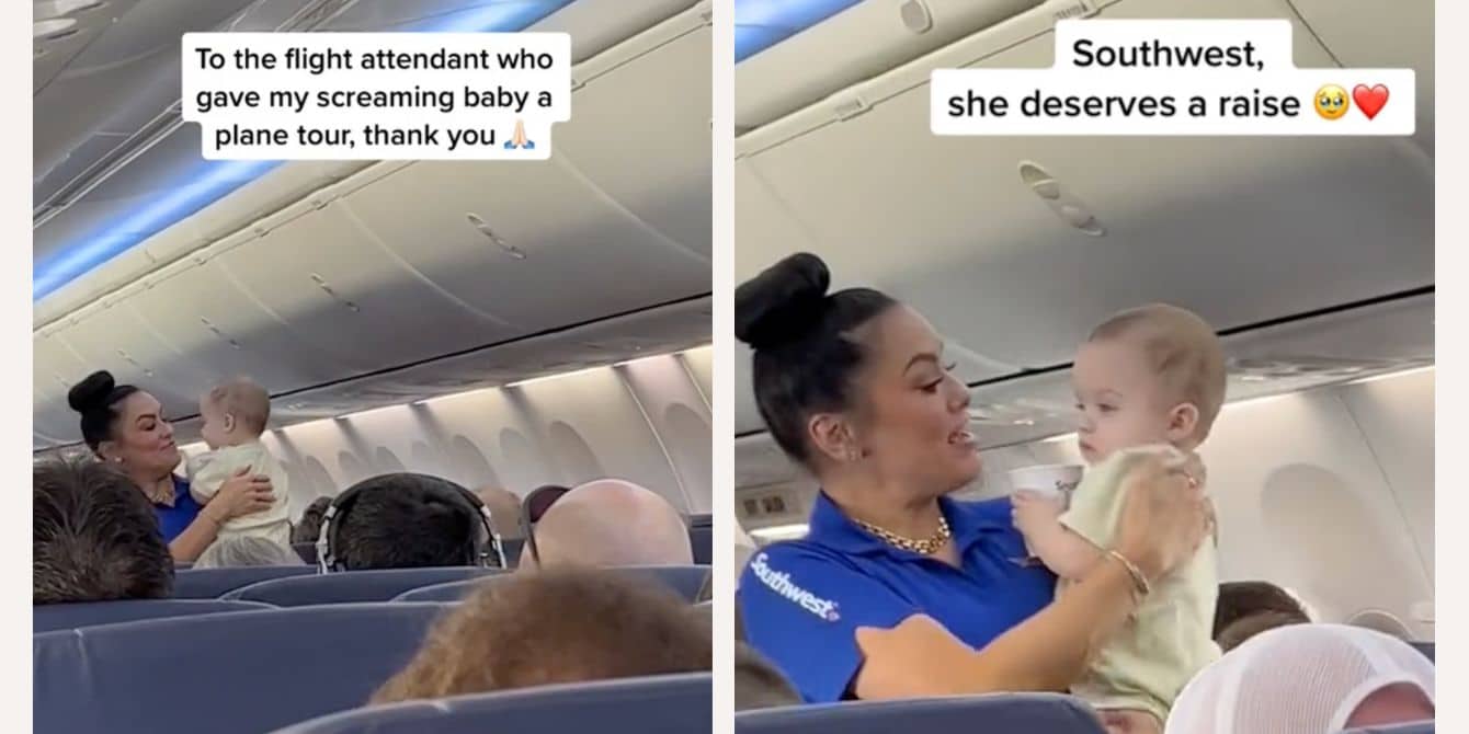 Southwest flight attendant saves the day with a crying baby midair Southwest flight attendant soothes crying baby