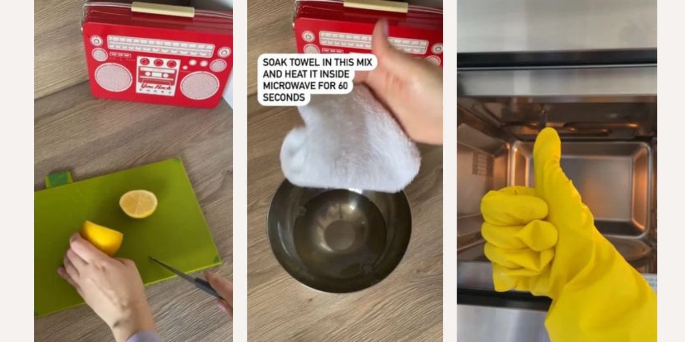 Mom shares simple, eco-friendly hack to clean the inside of your microwave hands showing how to clean a microwave in an eco-friendly way