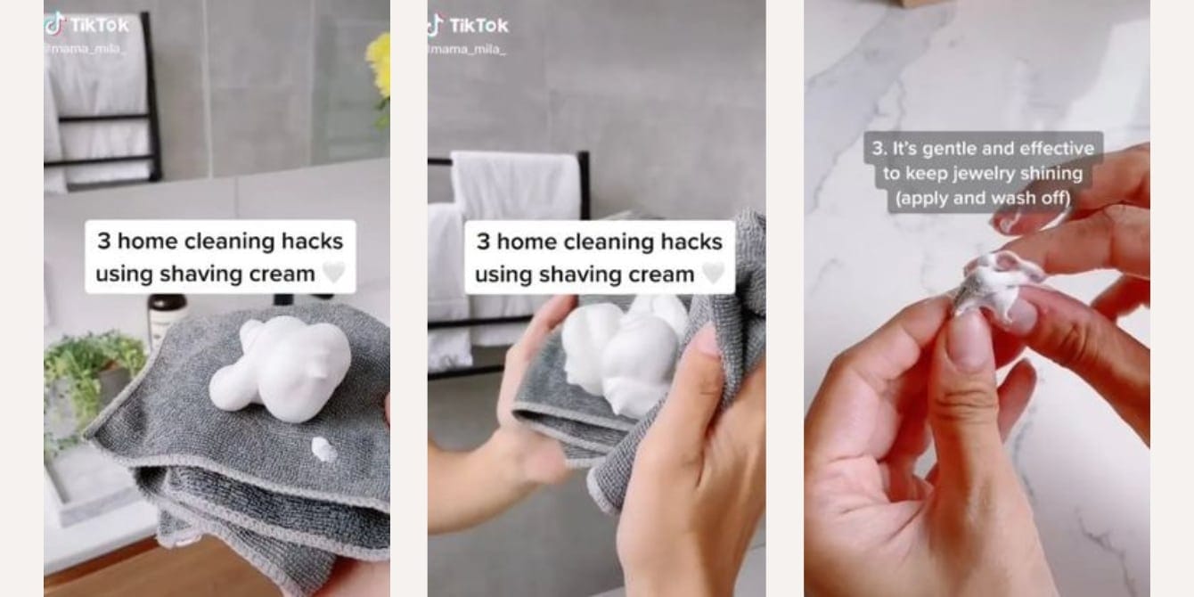Mom shares cleaning hacks that use mere shaving cream to tackle messes slides showing how to use shaving cream as cleaning hack
