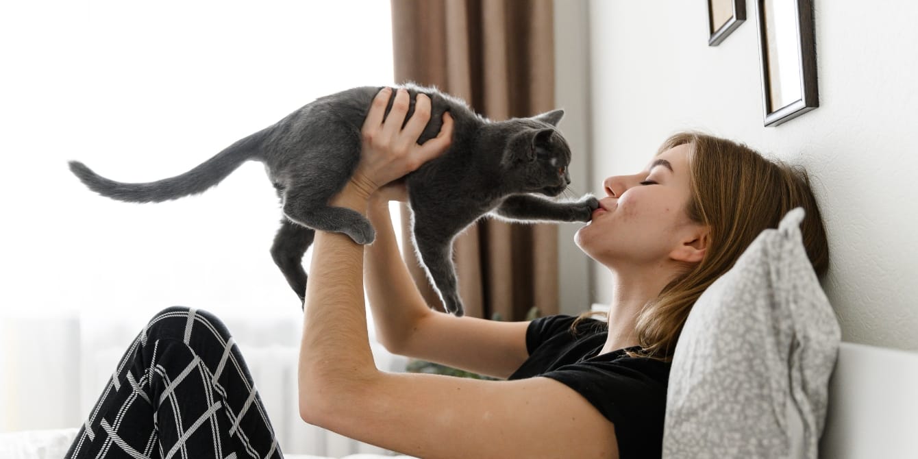 Doctor prescribes ‘a cat’ for a woman grieving the loss of her beloved pet woman in pajamas holding cat - doctor prescribes a cat for pet grief