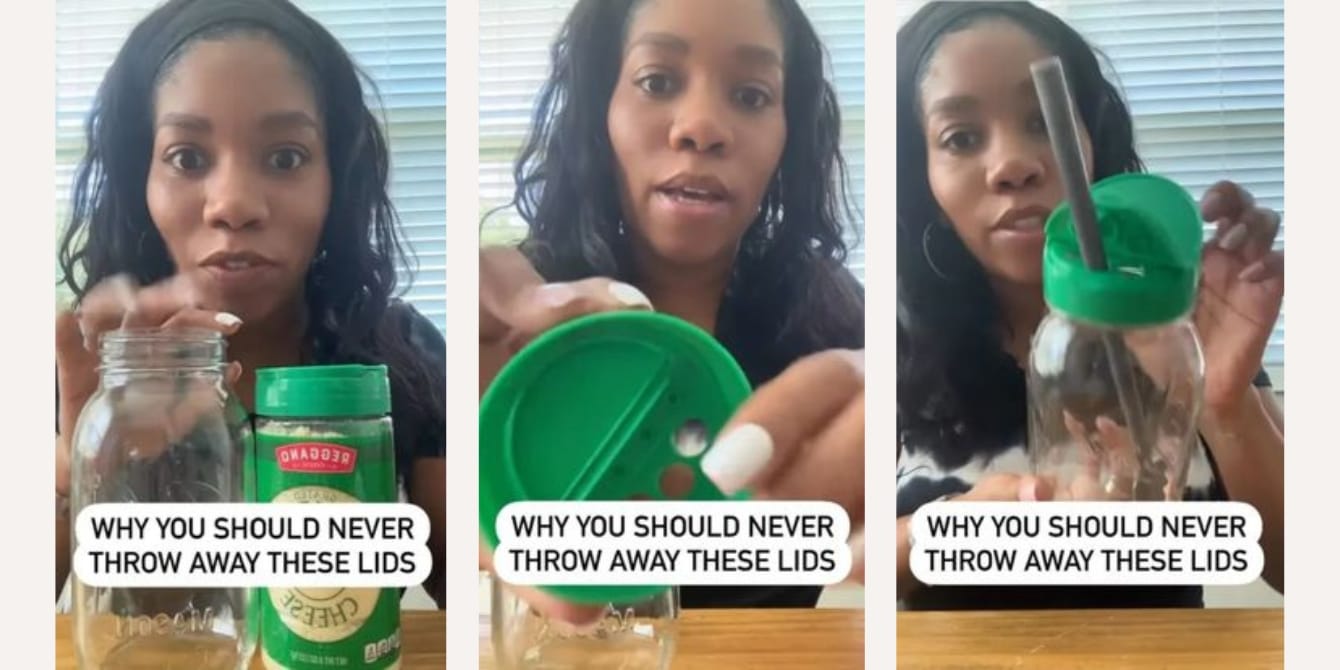 Mom shares hack for getting more use out of a common grocery staple–a parmesan cheese lid mom holding mason jar with parmesan cheese lid on it