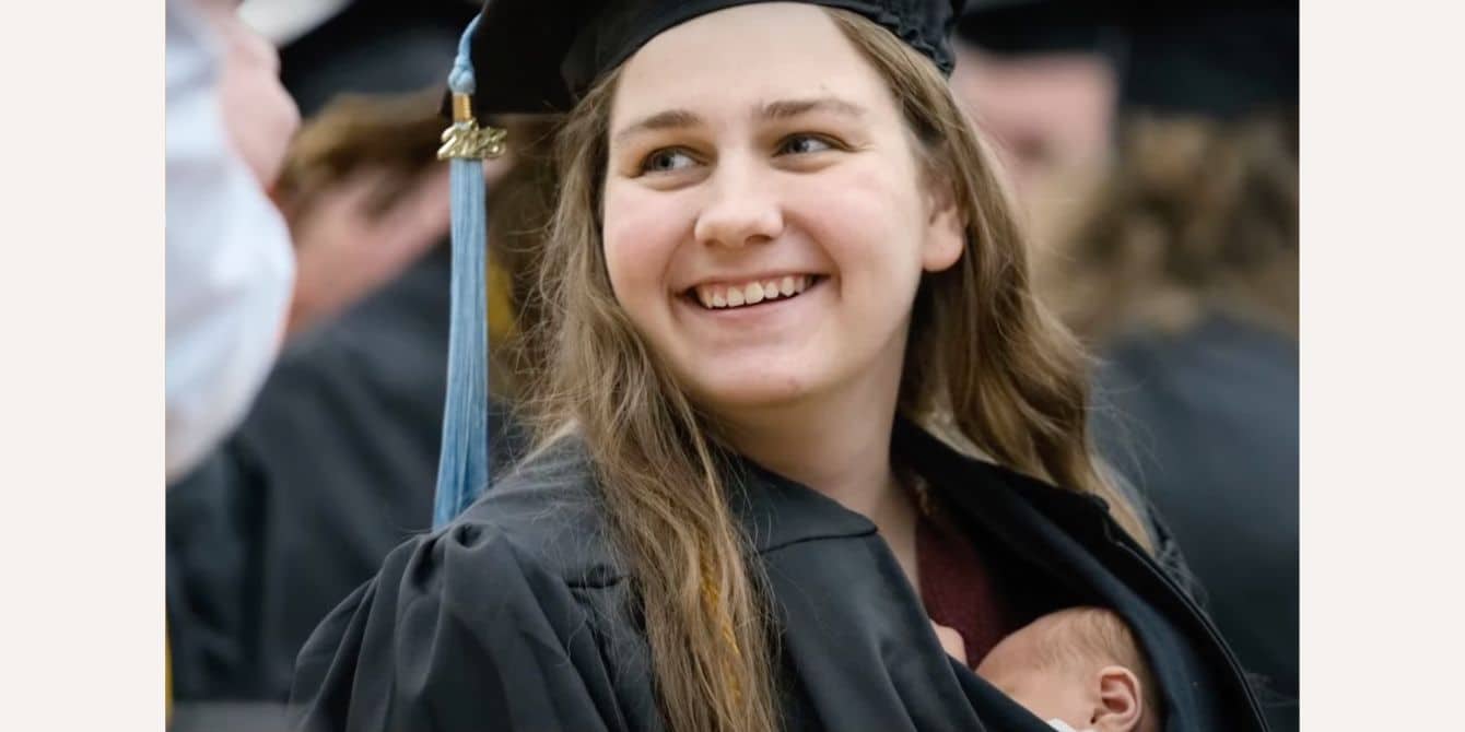 Postpartum mom graduates with her teeny newborn under her gown and it’s the sweetest Mom graduates with newborn