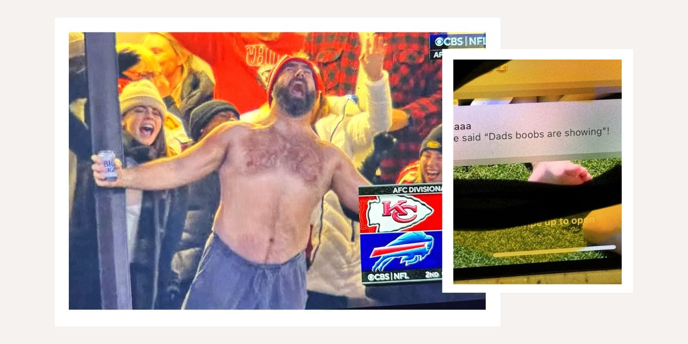 Jason Kelce’s toddler has the BEST reaction to seeing him shirtless on TV Jason Kelce shirtless ar KC Chiefs game