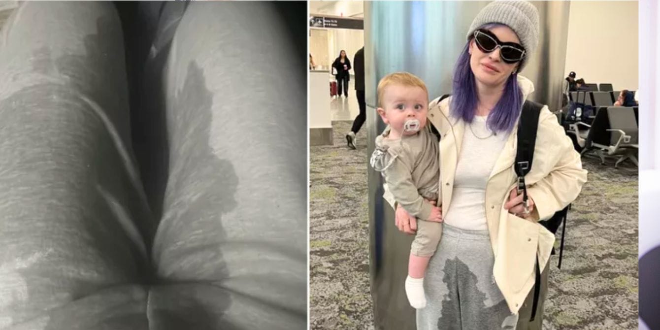 Kelly Osbourne shows off vomit-stained sweatpants during a rough travel day with baby Kelly Osbourne traveling with baby