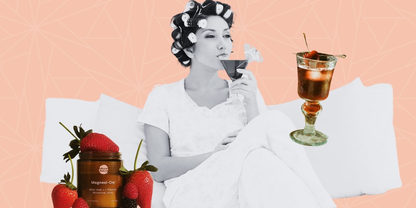 Turns out, the ‘Sleepy Girl Mocktail’ is the perfect mom nightcap woman sipping cocktail in pajamas - sleepy girl mocktail for moms