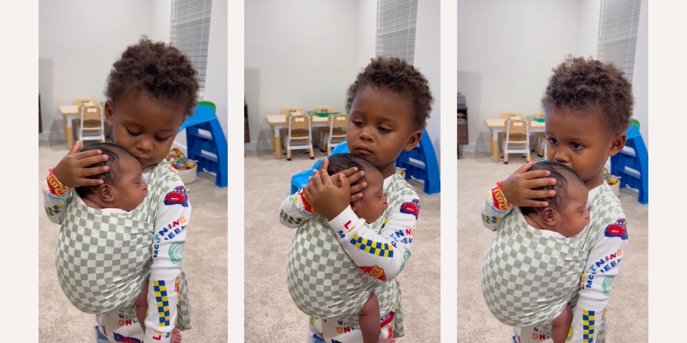 Best big brother ever: Toddler captured baby wearing and snuggling his newborn sister Toddler brother baby-wears newborn sister