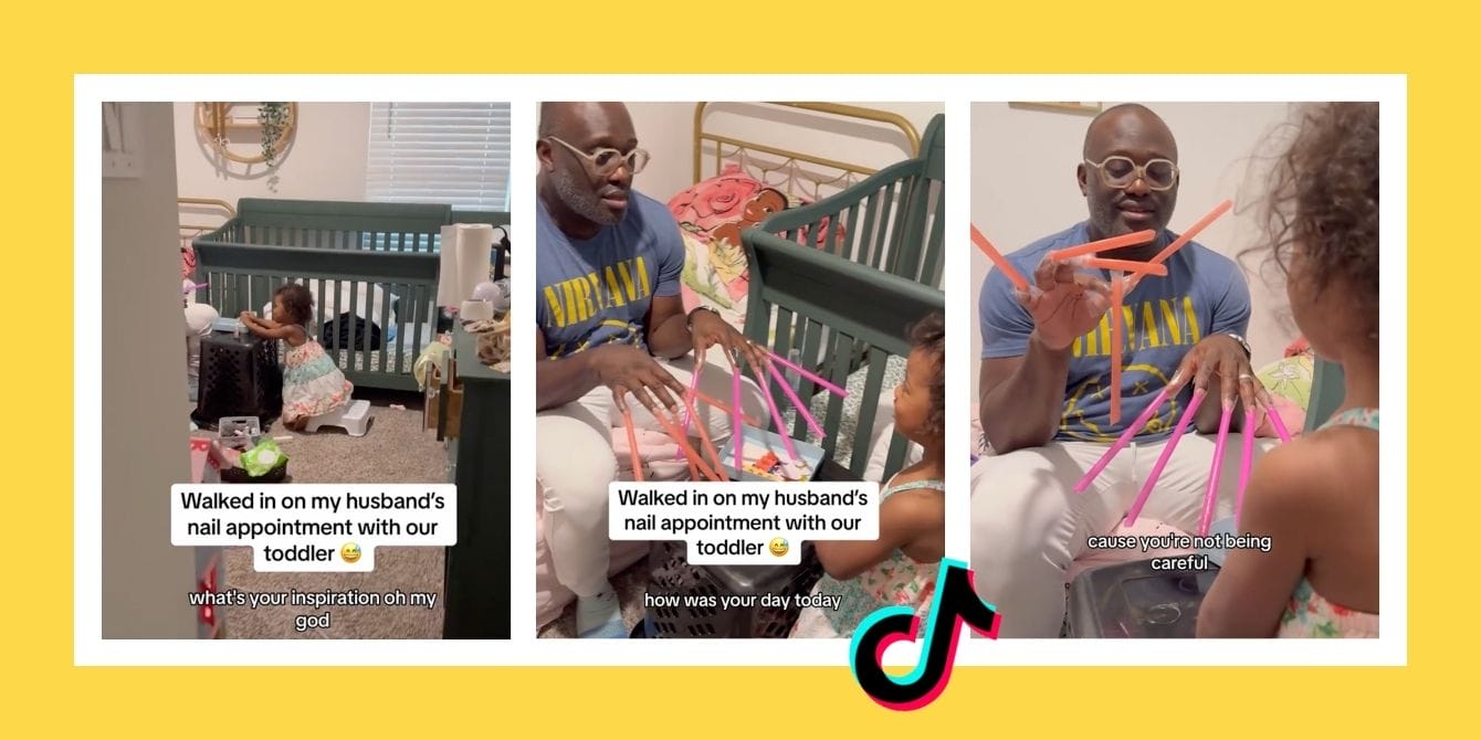 Girl dad of the year takes his role as ‘nail salon customer’ VERY seriously Dad playing nail salon with his toddler