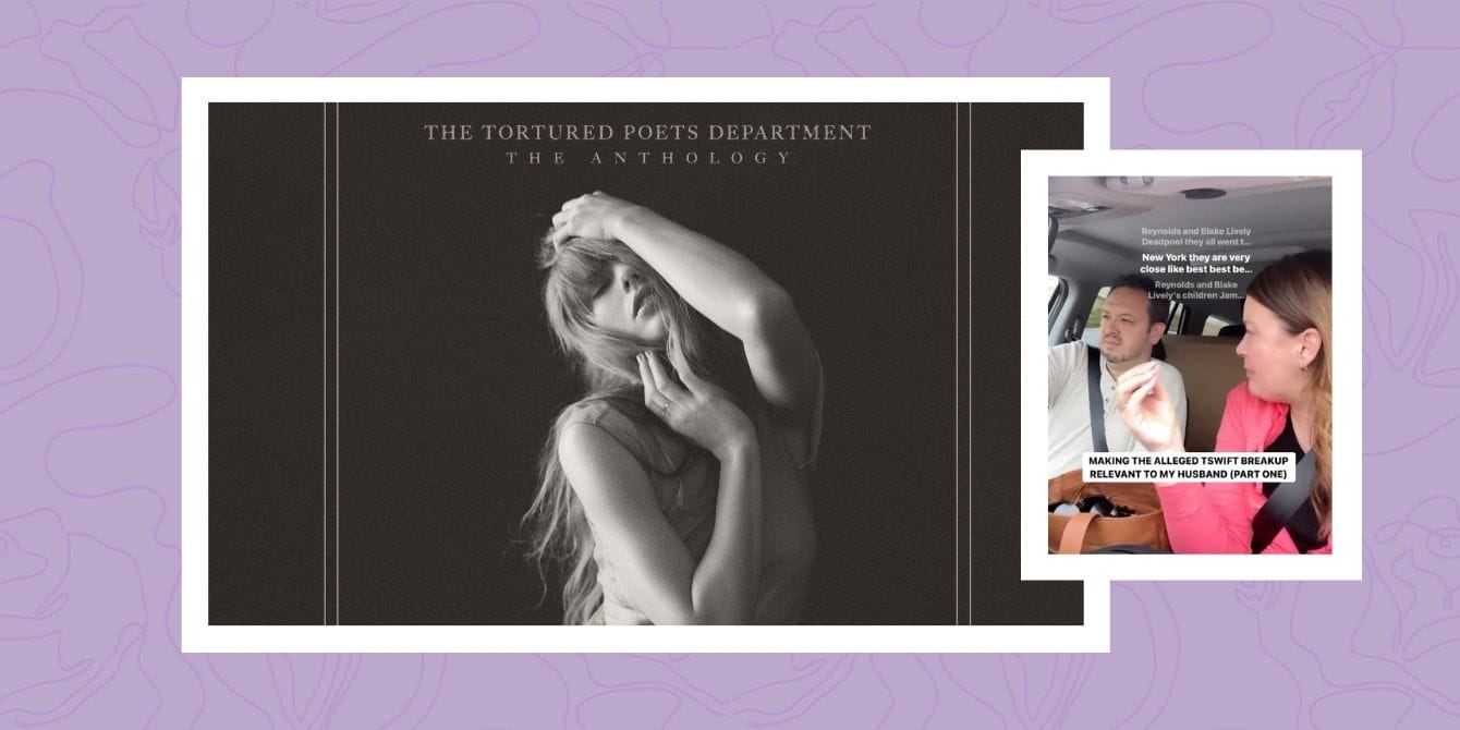 This supportive husband is every partner on Taylor Swift release day Album cover of Taylor Swift's The Tortured Poets Department and photo of couple talking in car