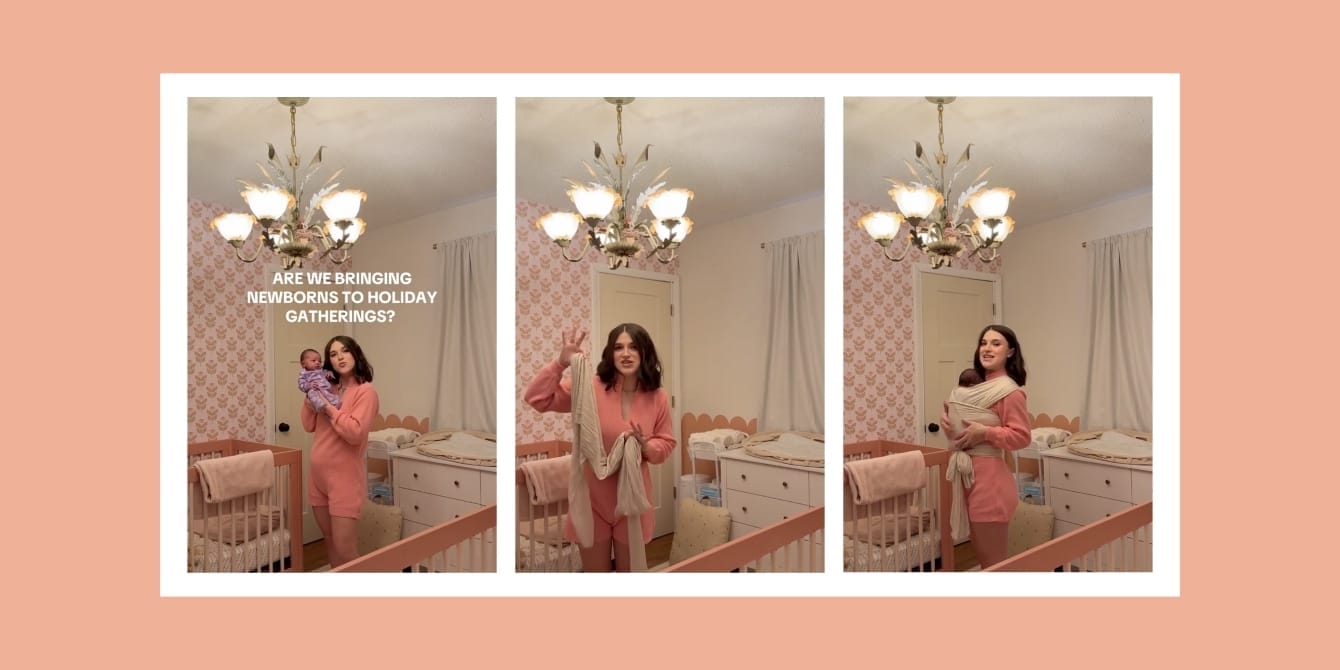 “Pass the baby” anxiety: Why moms are setting boundaries this holiday season three still images from the Viral TikTok "pass the baby"