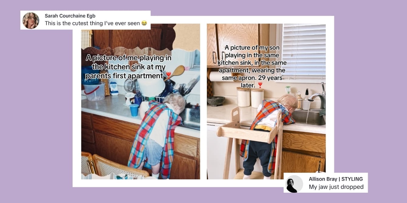 29 years later, toddler recreates mom’s childhood photo—and it’s a viral hit Viral TiKtok - A toddler recreating his mother's childhood photo