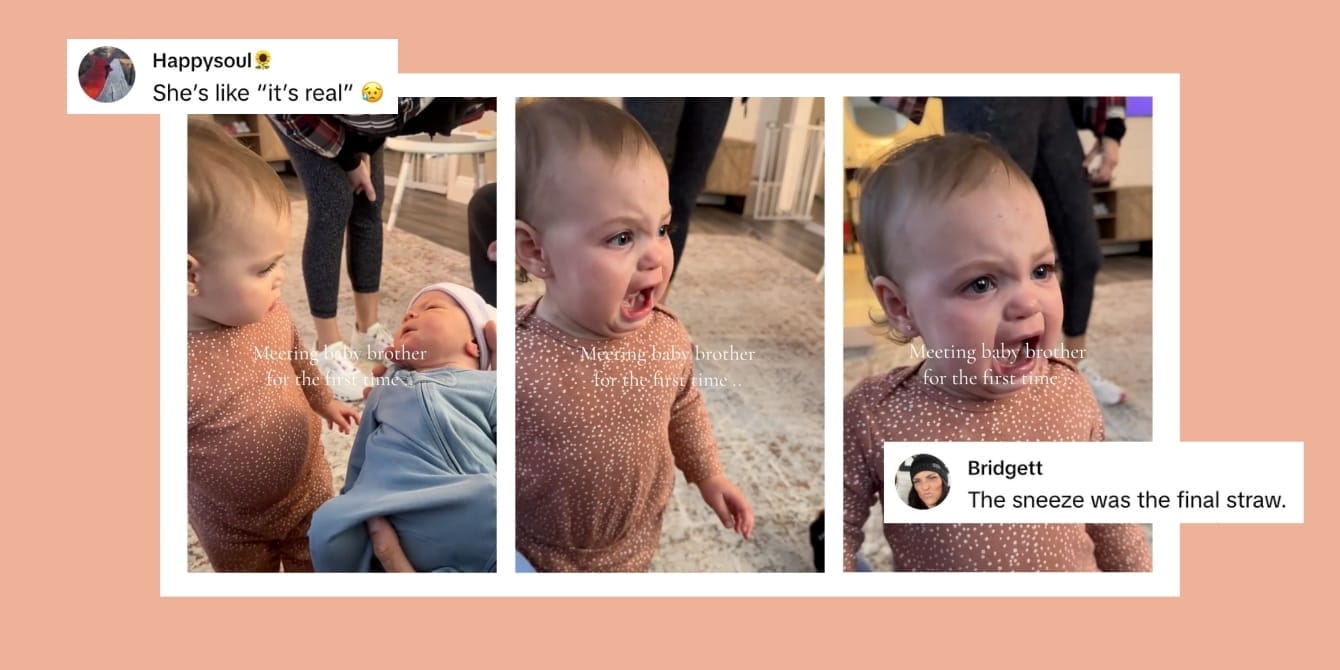 Toddler meets baby brother for the first time—and instantly loses it viral tiktok - Sister meets her new sibling