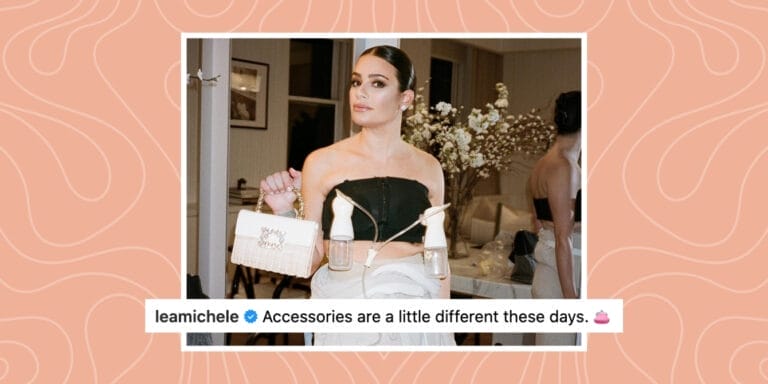 Lea Michele’s breast pump moment proves motherhood never takes a break—even on the red carpet A photo of Lea Michele all dressed up holding a handbag and wearing breast pumps