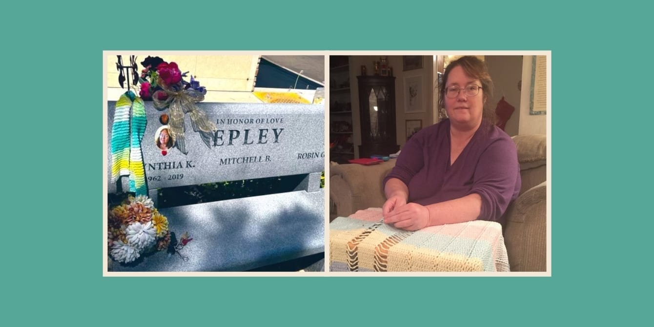 Family visits mom’s memorial bench—and is stunned by the gift waiting for them Twitter X: Two images, one is of a woman knitting, the other is a gravestone, with a knitted scarf draped over it