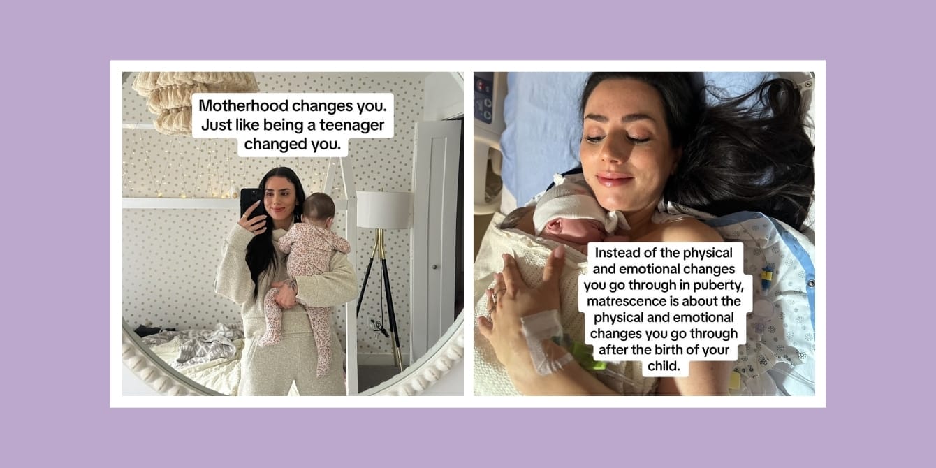 The surprising identity shift of motherhood no one talks about Matrescence: Two side-by-side images of a mother holding her newborn