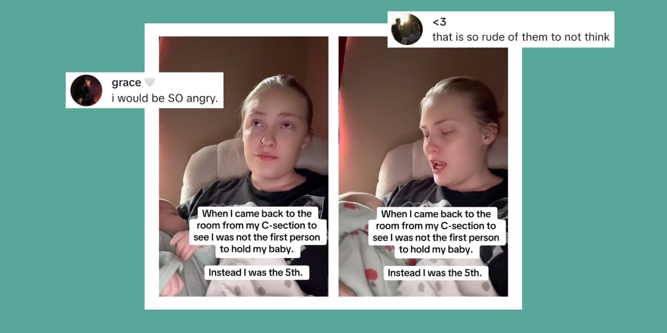 “I was the fifth person to hold my baby”—this mom’s viral story is striking a nerve Viral TikTok - A picture of a mom talking about how she was the fifth person to hold her baby after a c section